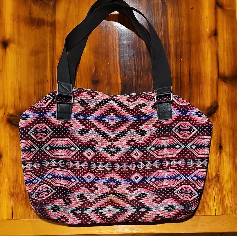 Boho Pink Patterned Hobo Bag with Black Straps